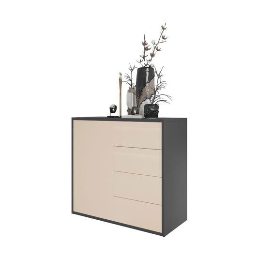 CAMILLE - Skříň s dvířky a 4 zásuvkami s funkcí push to open - antracit / pískově béžová H74cm Š80cm H36cm – Furnica