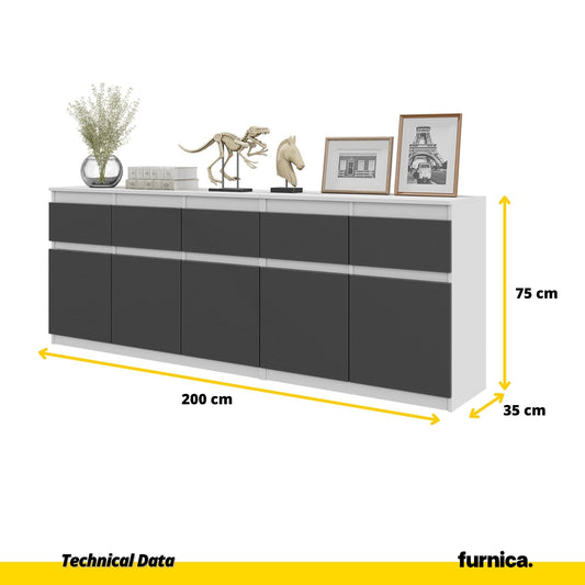 NOAH - Komoda se 5 šuplíky a 5 dveřmi - Skříň na uložení oblečení do ložnice - Bílá matná / Antracitová - V: 75 cm, Š: 200 cm, H: 35 cm
