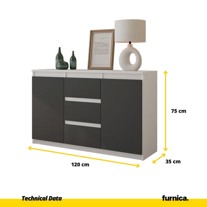 MIKEL - Komoda se 3 šuplíky a 2 dveřmi - Skříň na oblečení do ložnice - Bílá matná / Antracitová - Výška 75 cm, šířka 120 cm, hloubka 35 cm.