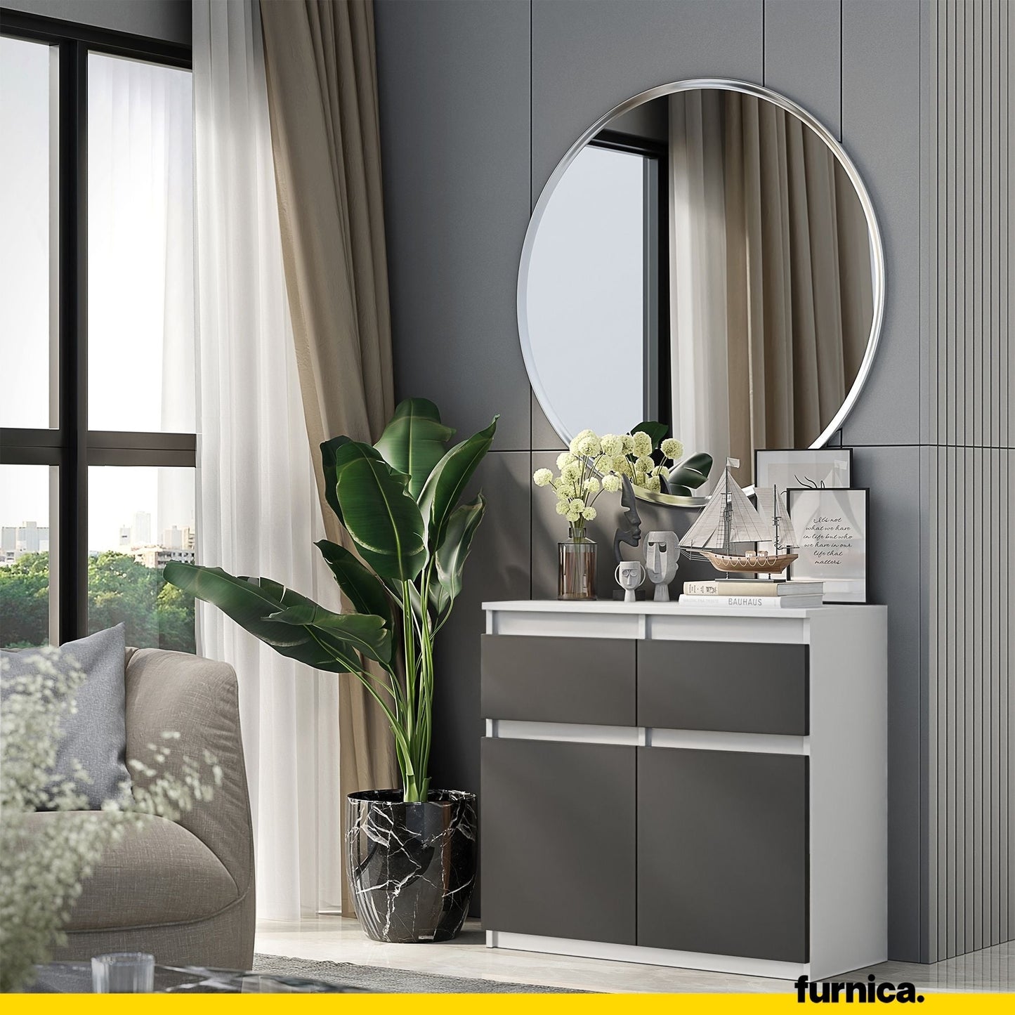 NOAH - Komoda se 2 šuplíky a 2 dveřmi - Skříň na uložení oblečení do ložnice - Bílý mat / Antracit H75cm W80cm D35cm