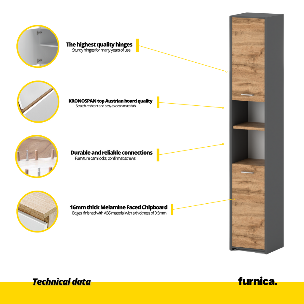 EMMA Skříňka na úložný prostor do koupelny s dveřmi a policemi - antracit / Wotan dub H165cm Š30cm H30cm