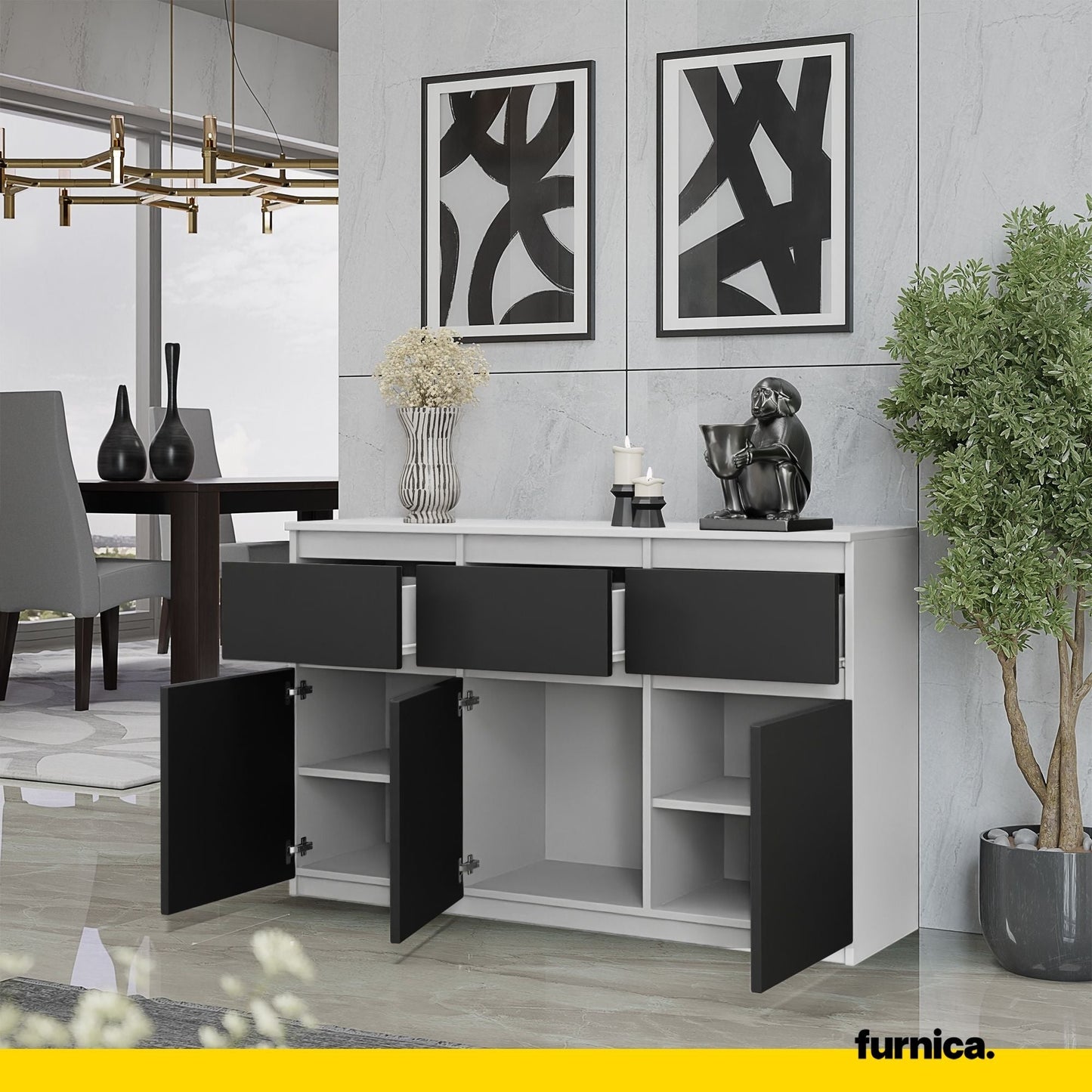 NOAH - Komoda se 3 šuplíky a 3 dveřmi - Skříň na uložení oblečení do ložnice - Bílý mat / Antracit H75cm W120cm D35cm