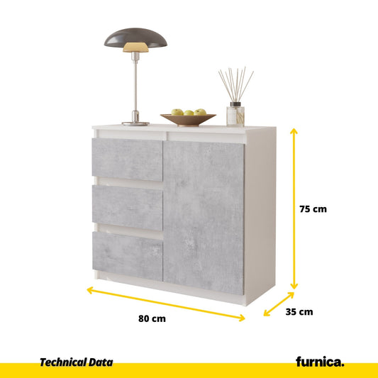 MIKEL - Komoda se 3 šuplíky a 1 dveřmi - Skříň na oblečení do ložnice - Bílý mat / Beton - Výška 75 cm, šířka 80 cm, hloubka 35 cm.