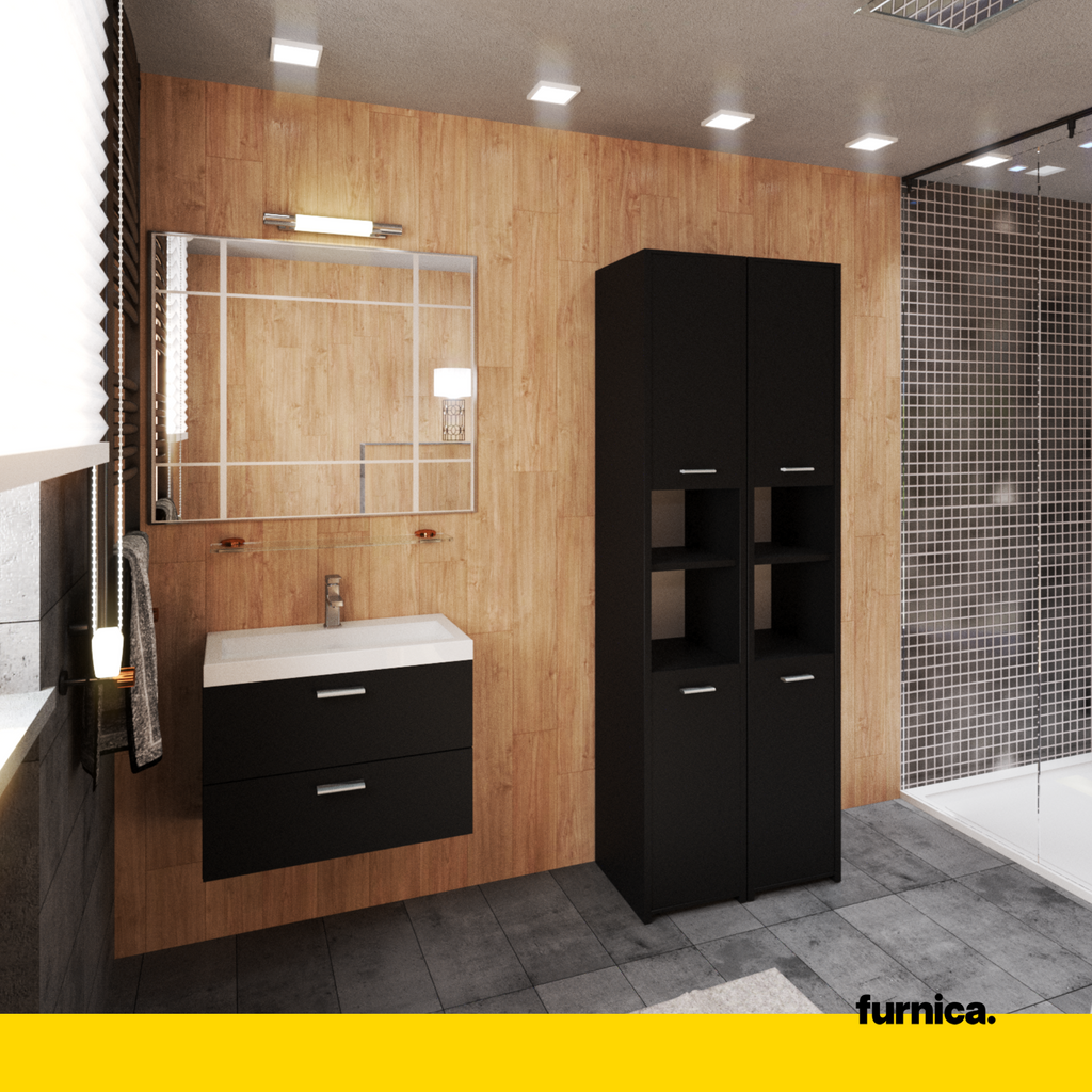 EMMA - Skříňka do koupelny se dvojitým úložným prostorem, dvířky a policemi - černý matný povrch, výška 165 cm, šířka 60 cm, hloubka 30 cm.