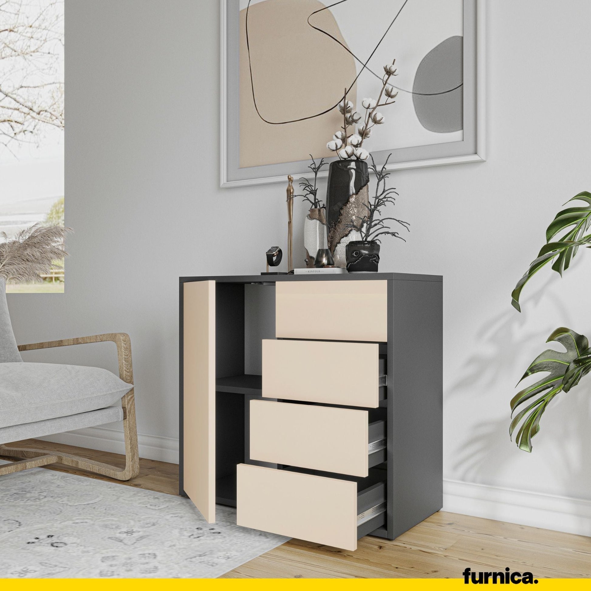 CAMILLE - Skříň s dvířky a 4 zásuvkami s funkcí push to open - antracit / pískově béžová H74cm Š80cm H36cm (5) – Furnica