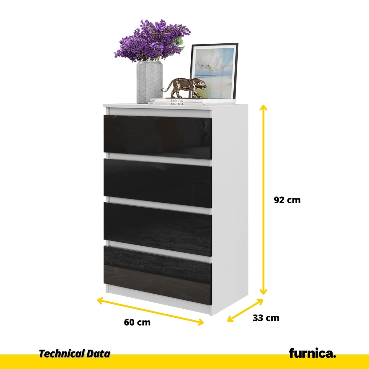 GABRIEL - Komoda se 4 zásuvkami - Skříň na oblečení do ložnice - Bílý mat / Černý lesk - Výška 92 cm, šířka 60 cm, (2)