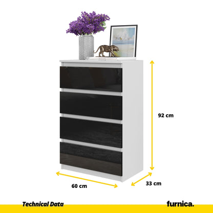 GABRIEL - Komoda se 4 zásuvkami - Skříň na oblečení do ložnice - Bílý mat / Černý lesk - Výška 92 cm, šířka 60 cm, (2)