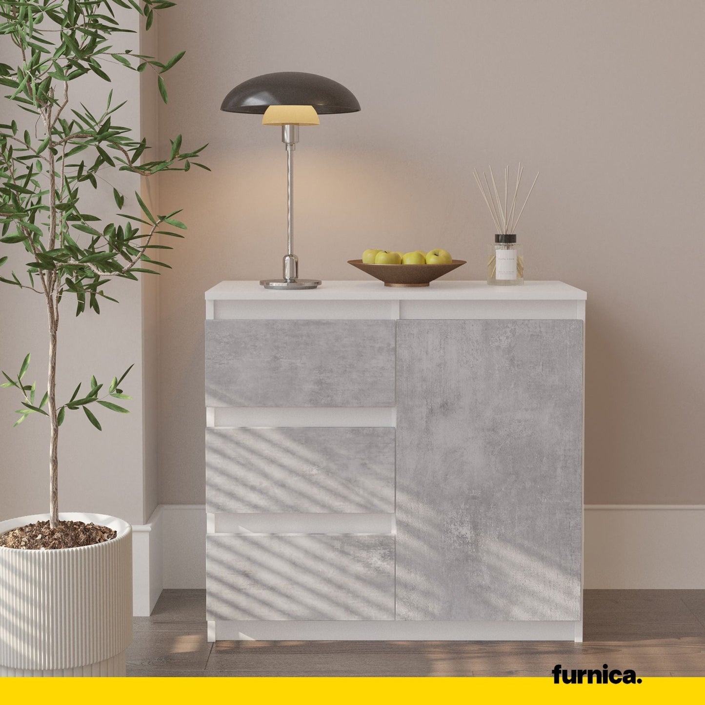 MIKEL - Komoda se 3 šuplíky a 1 dveřmi - Skříň na oblečení do ložnice - Bílý mat / Beton - Výška 75 cm, šířka 80 cm, hloubka 35 cm.