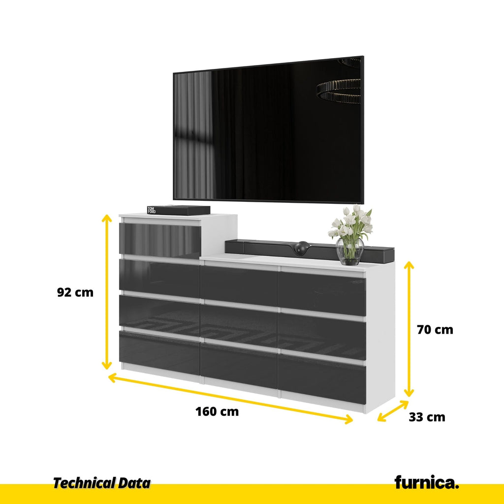 GABRIEL - Komoda se 10 šuplíky (6+4) - Skříň na oblečení do ložnice - Bílý mat / Antracitový lesk - Výška 92/70 cm, šířka 160 cm, hloubka 33 cm.