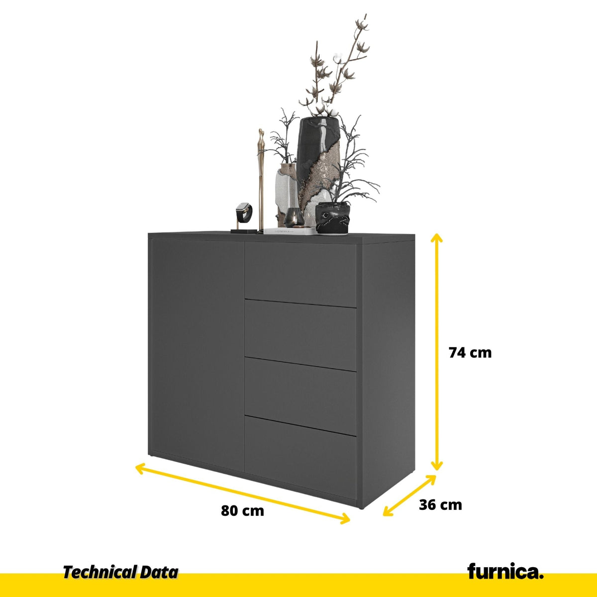 CAMILLE - Skříň s dvířky a 4 zásuvkami s otevíráním stisknutím - antracitová H74cm W80cm D36cm (2) – Furnica