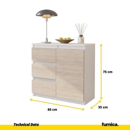 MIKEL - Komoda se 3 šuplíky a 1 dveřmi - Skříň na oblečení do ložnice - Bílý mat / Sonoma dub - Výška 75 cm, šířka 80 cm, hloubka 35 cm.