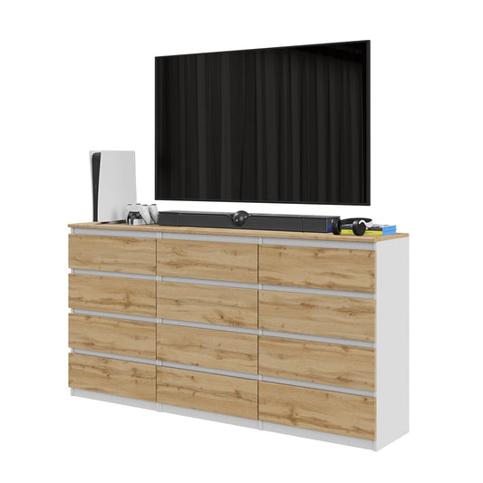 GABRIEL - Komoda se 12 šuplíky (8+4) - Skříň na oblečení do ložnice - Bílý mat / Wotan dub H92cm W180cm D33cm