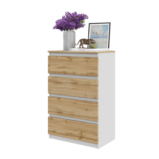 GABRIEL - Komoda se 4 zásuvkami - Skříň na oblečení do ložnice - Bílý mat / Wotan dub H92cm W60cm D33cm