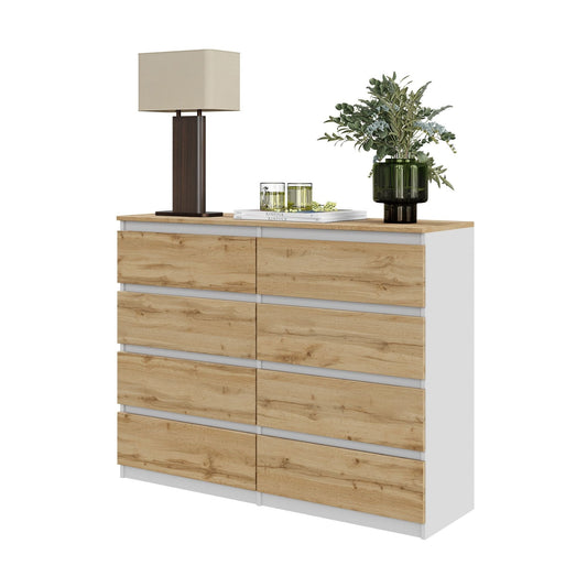 GABRIEL - Komoda se 8 šuplíky - Skříň na oblečení do ložnice - Bílý mat / Wotan dub H92cm W120cm D33cm