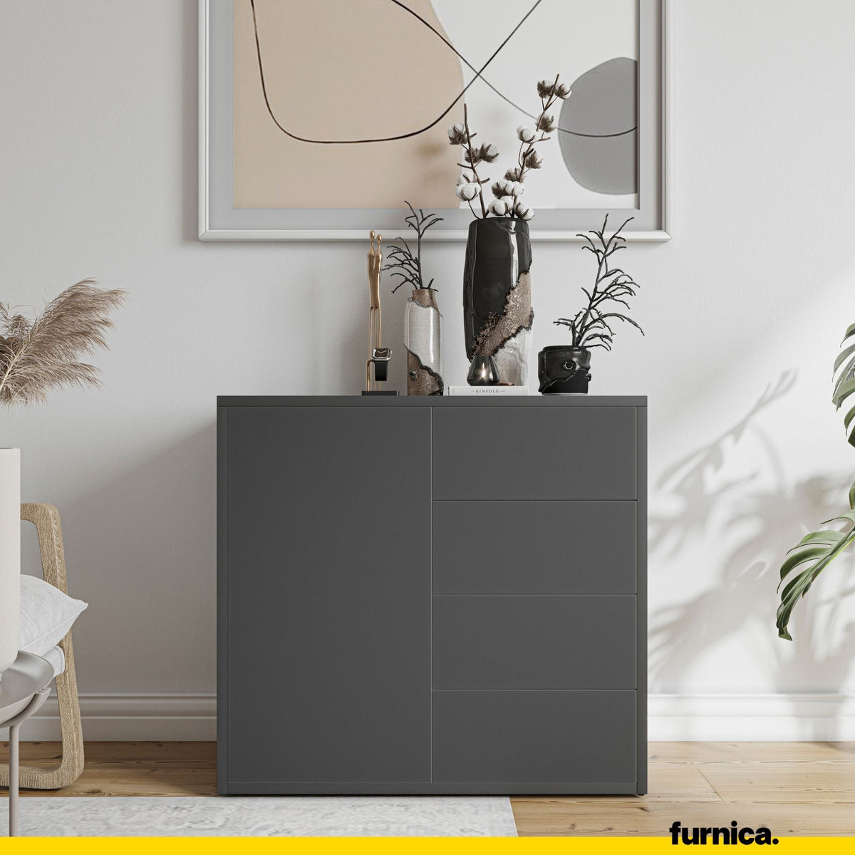 CAMILLE - Skříň s dvířky a 4 zásuvkami s otevíráním stisknutím - antracitová H74cm W80cm D36cm (3) – Furnica