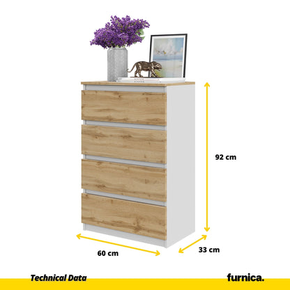 GABRIEL - Komoda se 4 zásuvkami - Skříň na oblečení do ložnice - Bílý mat / Wotan dub H92cm W60cm D33cm (2) – Furnica