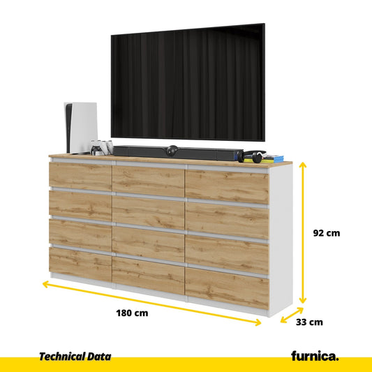 GABRIEL - Komoda se 12 šuplíky (8+4) - Skříň na oblečení do ložnice - Bílý mat / Wotan dub H92cm W180cm D33cm