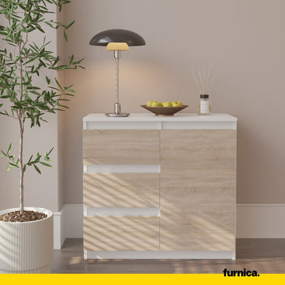 MIKEL - Komoda se 3 šuplíky a 1 dveřmi - Skříň na oblečení do ložnice - Bílý mat / Sonoma dub - Výška 75 cm, šířka 80 cm, hloubka 35 cm.