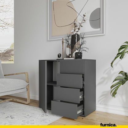 CAMILLE - Skříň s dvířky a 4 zásuvkami s otevíráním stisknutím - antracitová H74cm W80cm D36cm (5) – Furnica