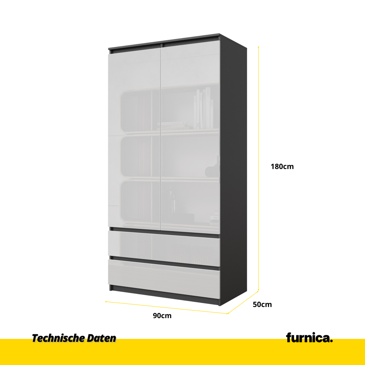 JOELLE - Skříň se 2 dveřmi a 2 zásuvkami - Antracit / Bílý lesk - H180cm Š90cm D50cm (2)