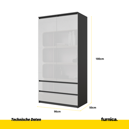 JOELLE - Skříň se 2 dveřmi a 2 zásuvkami - Antracit / Bílý lesk - H180cm Š90cm D50cm (2)