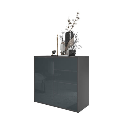 CAMILLE - Skříň s dvířky a 4 zásuvkami s funkcí push to open - antracit / lesklý antracit H74cm W80cm D36cm – Furnica