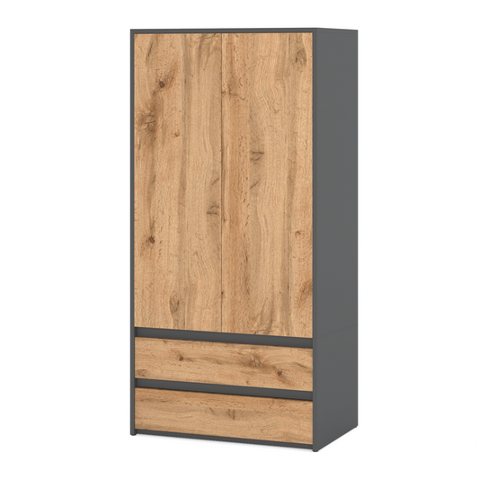 JOELLE - Skříň se 2 dveřmi a 2 zásuvkami - Antracit / Wotan dub H180cm W90cm D50cm – Furnica