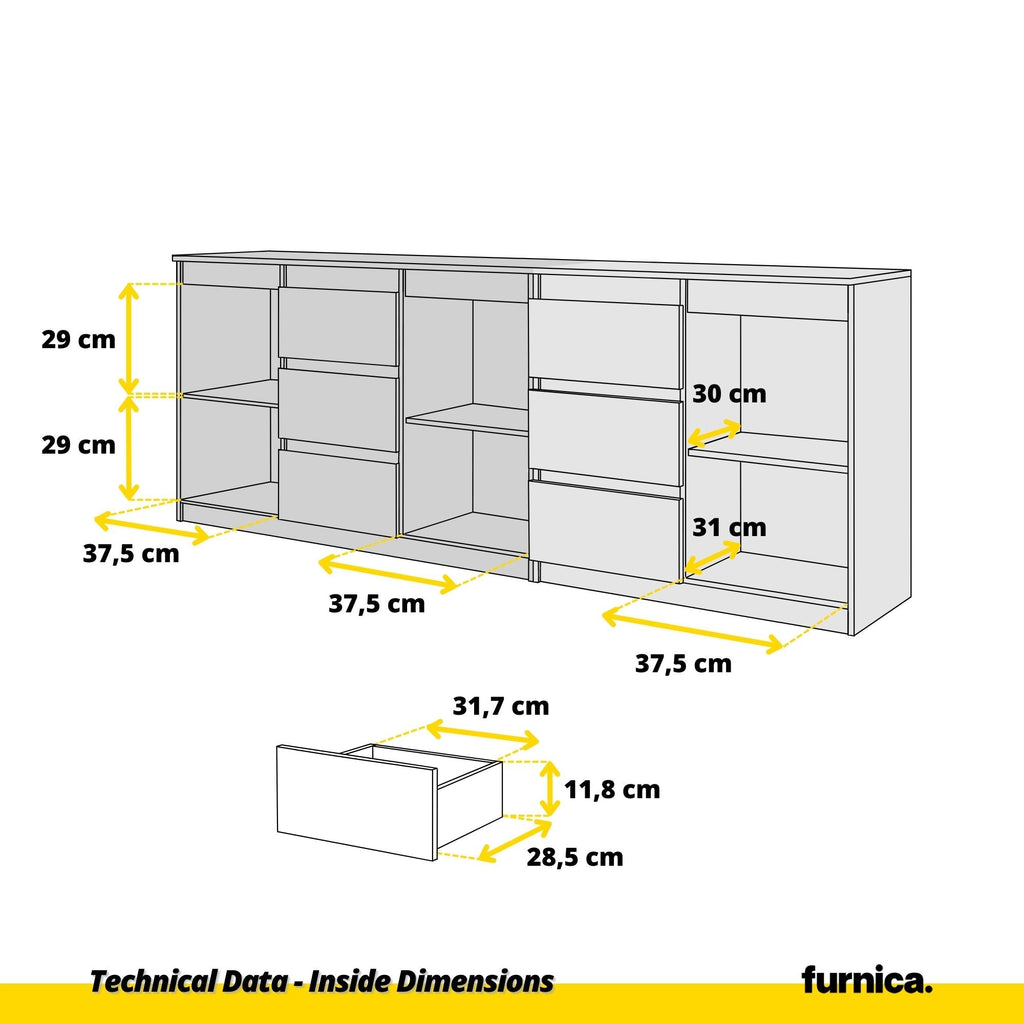 MIKEL - Komoda se 6 šuplíky a 3 dveřmi - Skříň na oblečení do ložnice - Wotan dub / antracit - V: 75 cm, Š: 200 cm, H: 35 cm