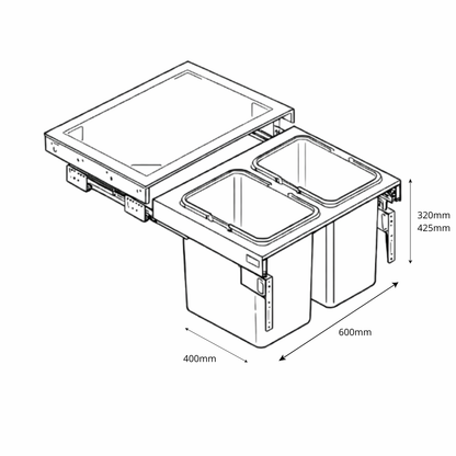 Výsuvný odpadkový koš na tříděný odpad - 2x15 l nebo 2x20 l - skříňka 60 cm