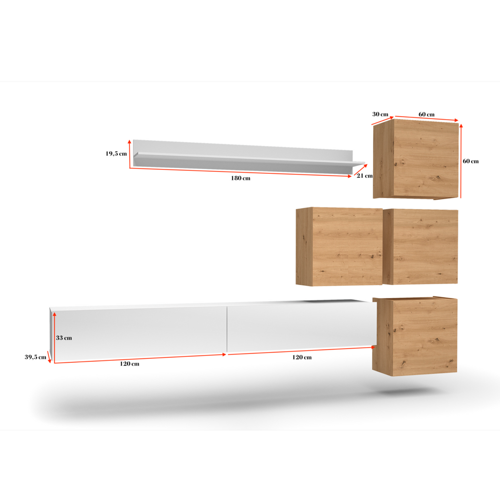 Stěnová jednotka MANILA - sada nábytku do obývacího pokoje - bílý lesk / řemeslný dub