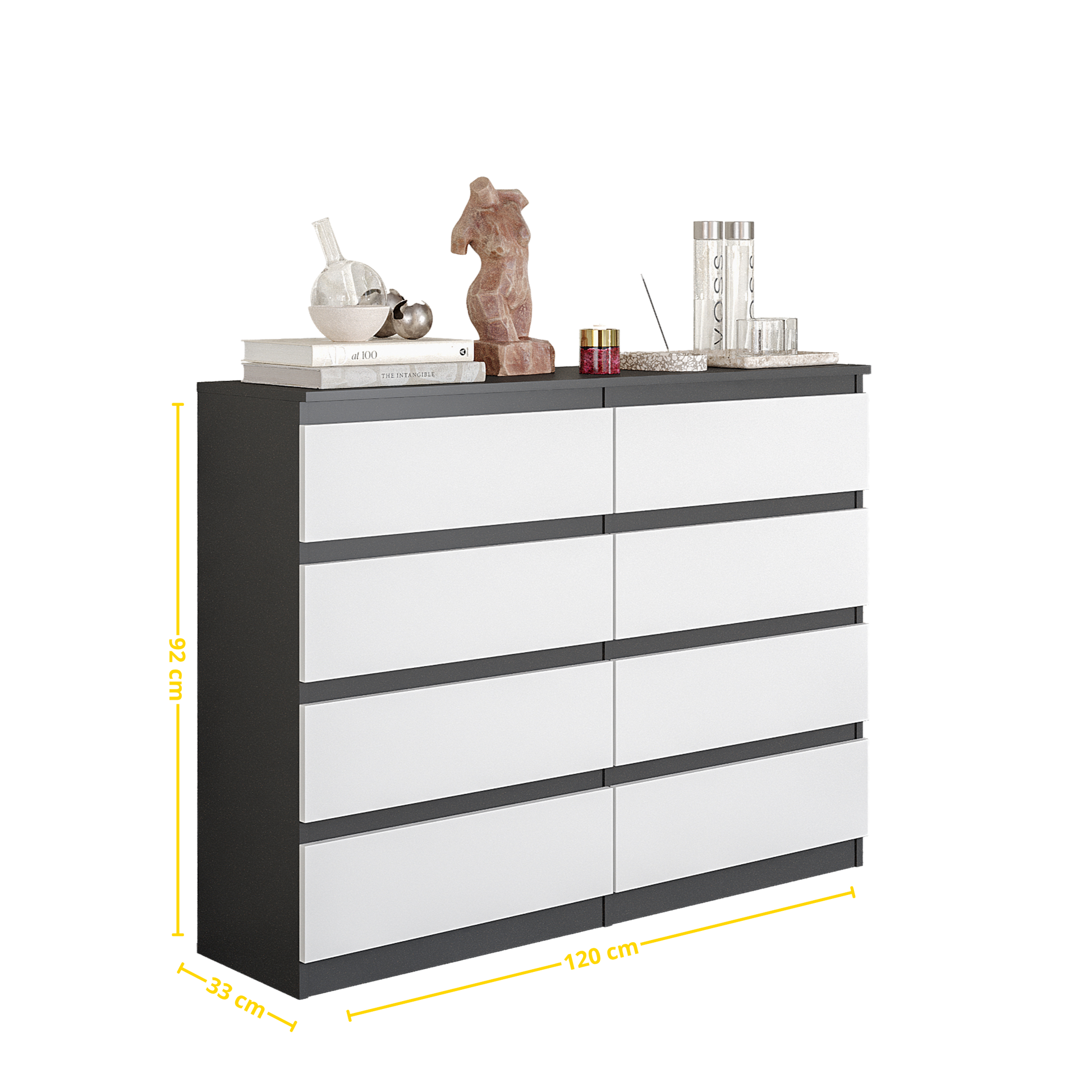 GABRIEL - Komoda se 8 šuplíky - Skříň na oblečení do ložnice - Antracit / Bílá matná - H92cm Š120cm D33cm (2)