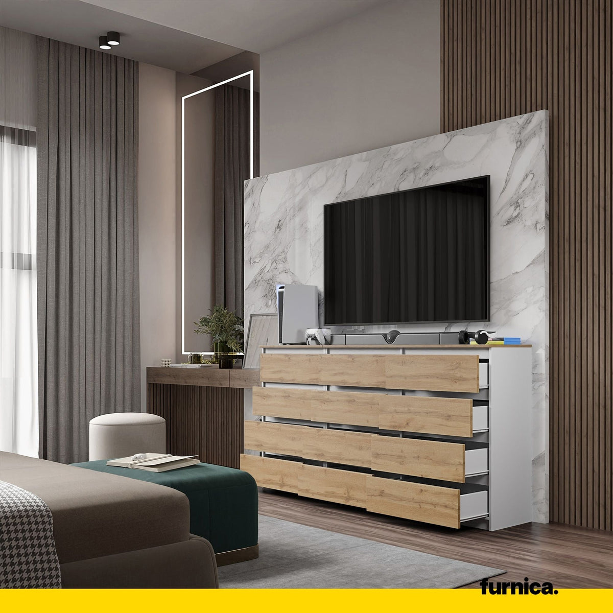 GABRIEL - Komoda se 12 šuplíky (8+4) - Skříň na oblečení do ložnice - Bílý mat / Wotan dub H92cm W180cm D33cm (4) – Furnica