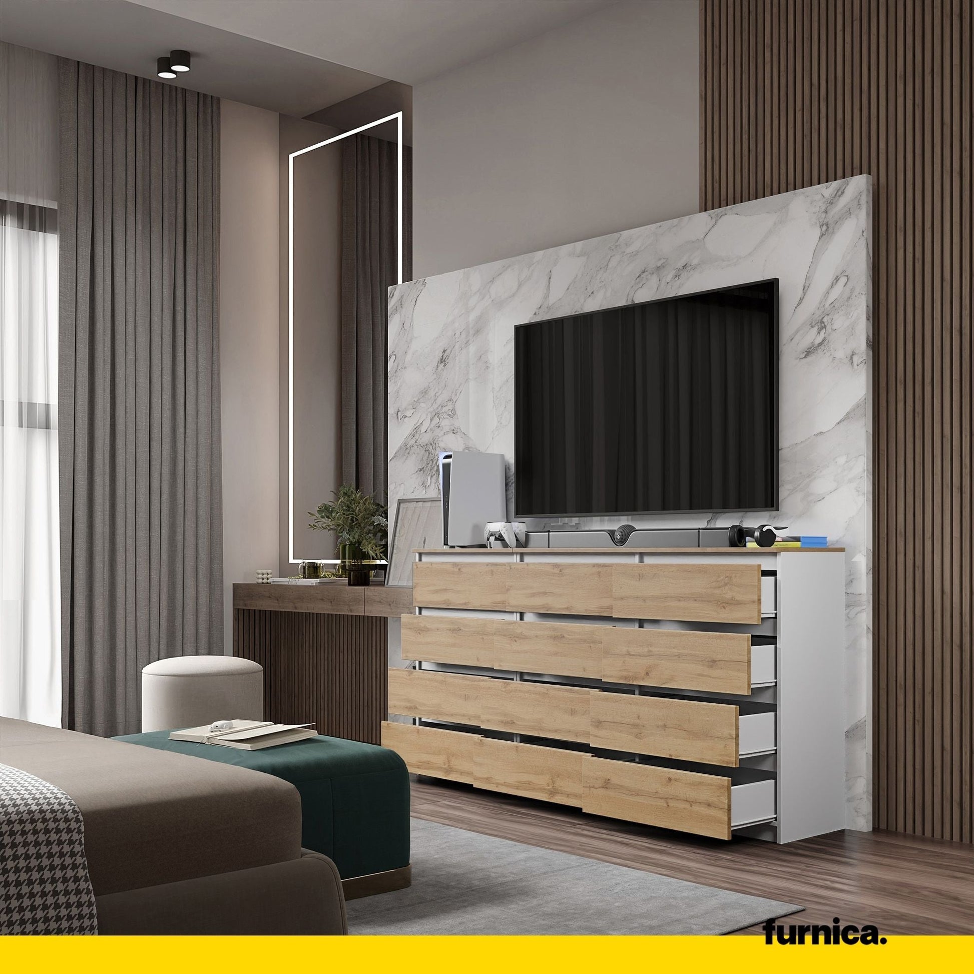 GABRIEL - Komoda se 12 šuplíky (8+4) - Skříň na oblečení do ložnice - Bílý mat / Wotan dub H92cm W180cm D33cm (4) – Furnica