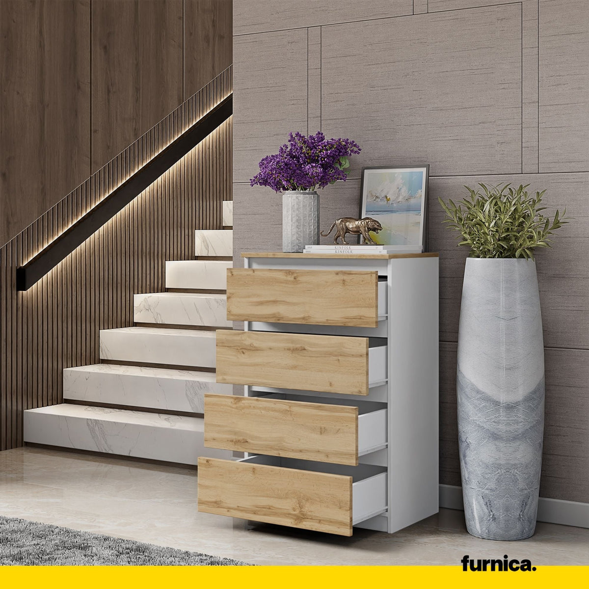 GABRIEL - Komoda se 4 zásuvkami - Skříň na oblečení do ložnice - Bílý mat / Wotan dub H92cm W60cm D33cm (4) – Furnica