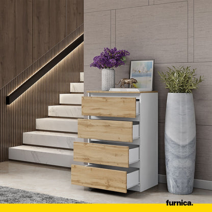GABRIEL - Komoda se 4 zásuvkami - Skříň na oblečení do ložnice - Bílý mat / Wotan dub H92cm W60cm D33cm (4) – Furnica
