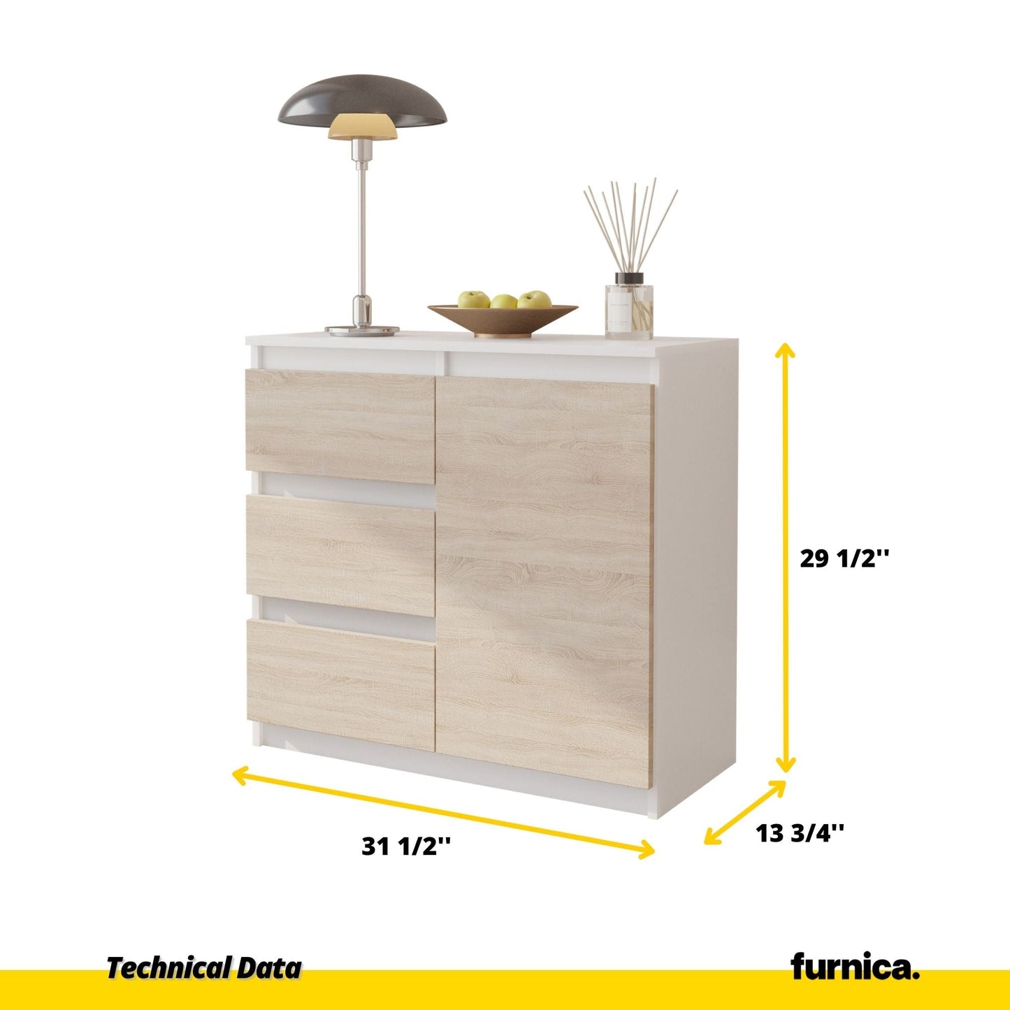 MIKEL - Komoda se 3 šuplíky a 1 dveřmi - Skříň na uložení oblečení do ložnice - Beton / Sonoma dub - Výška 75 cm, šířka 80 cm, hloubka 35 cm.