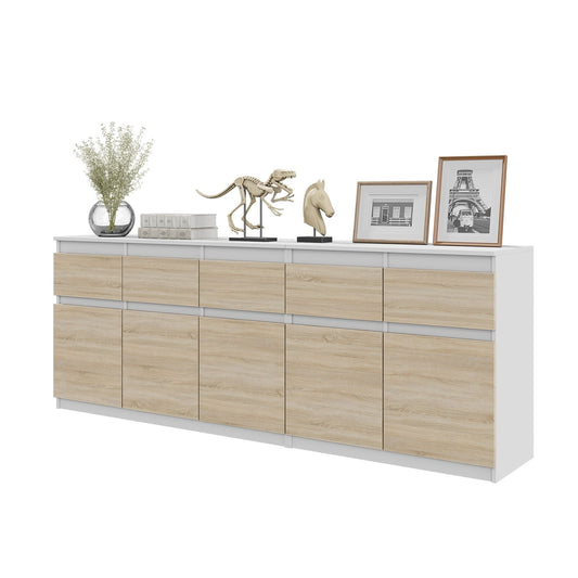 NOAH - Komoda se 5 šuplíky a 5 dveřmi - Skříň na uložení oblečení do ložnice - Bílý mat / Sonoma dub - V: 75 cm, Š: 200 cm, H: 35 cm