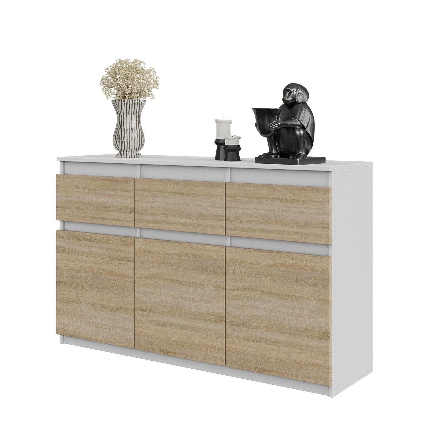 NOAH - Komoda se 3 šuplíky a 3 dveřmi - Skříň na uložení oblečení do ložnice - Bílý mat / Sonoma dub - Výška 75 cm, šířka 120 cm, hloubka 35 cm.