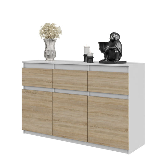 NOAH - Komoda se 3 šuplíky a 3 dveřmi - Skříň na uložení oblečení do ložnice - Bílý mat / Sonoma dub - Výška 75 cm, šířka 120 cm, hloubka 35 cm.