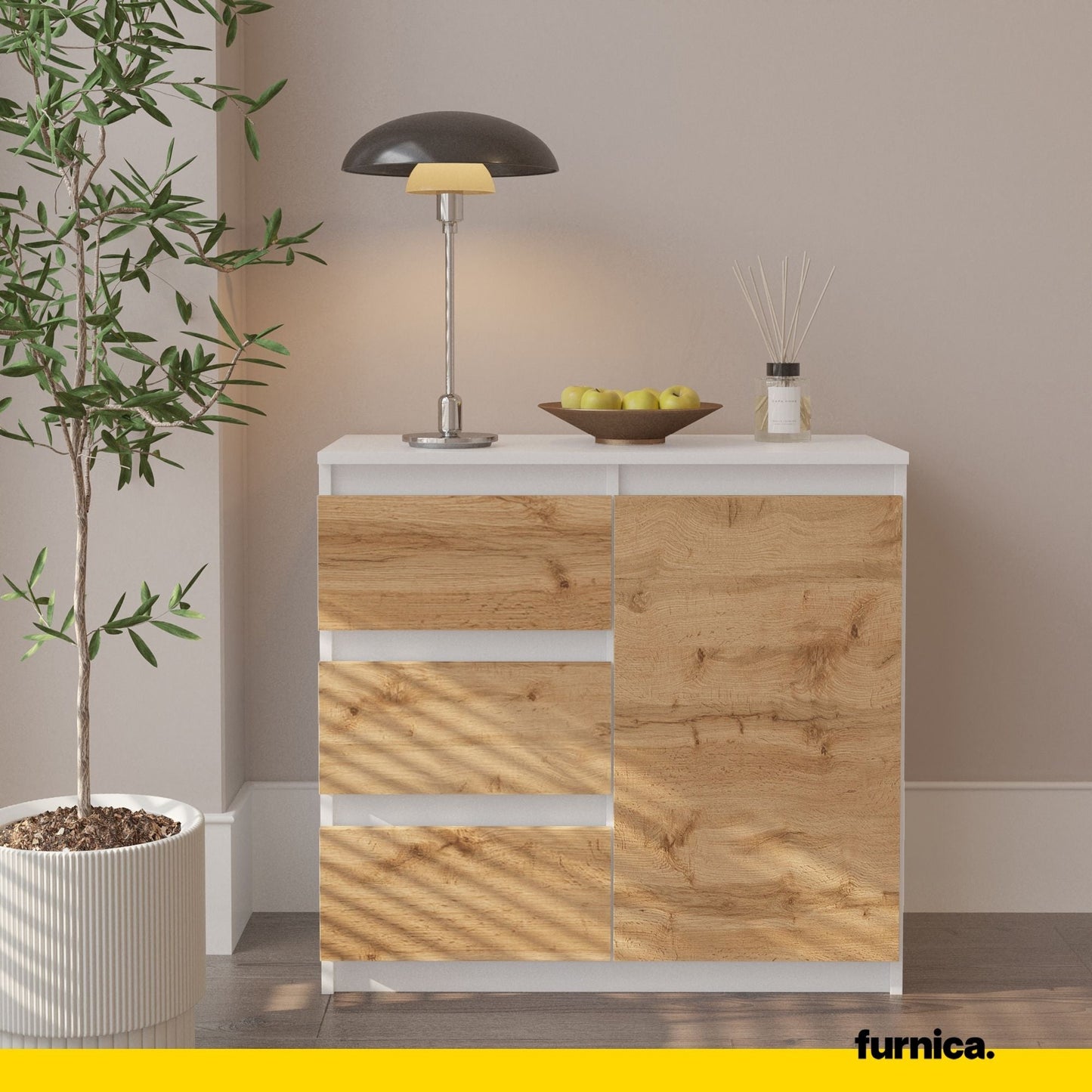 MIKEL - Komoda se 3 šuplíky a 1 dveřmi - Skříň na oblečení do ložnice - Bílý mat / Wotan dub H75cm W80cm D35cm