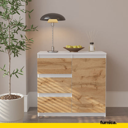 MIKEL - Komoda se 3 šuplíky a 1 dveřmi - Skříň na oblečení do ložnice - Bílý mat / Wotan dub H75cm W80cm D35cm