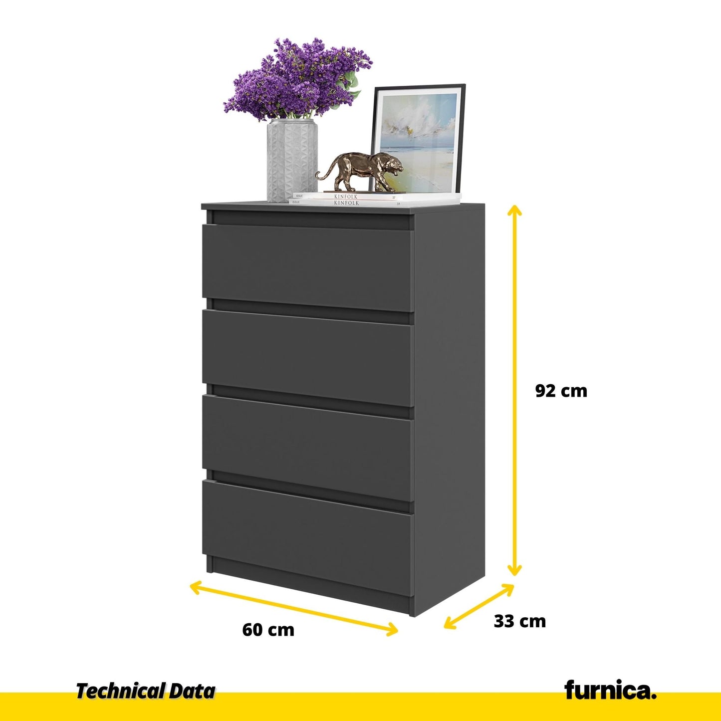 GABRIEL - Komoda se 4 šuplíky - Skříň na oblečení do ložnice - Anthracitová - V92cm Š60cm H33cm (2) – Furnica
