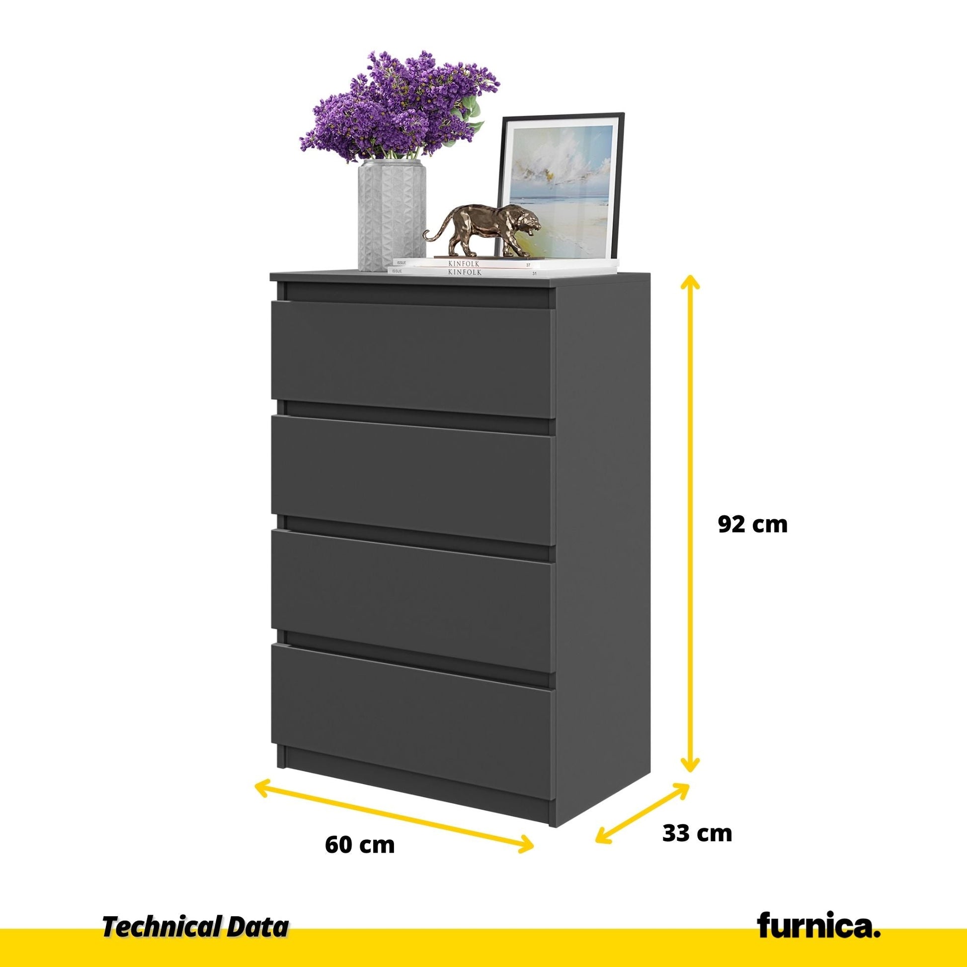 GABRIEL - Komoda se 4 šuplíky - Skříň na oblečení do ložnice - Anthracitová - V92cm Š60cm H33cm (2) – Furnica