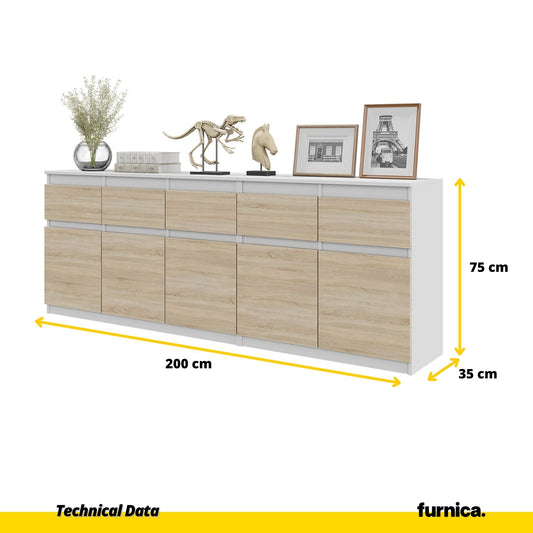 NOAH - Komoda se 5 šuplíky a 5 dveřmi - Skříň na uložení oblečení do ložnice - Bílý mat / Sonoma dub - V: 75 cm, Š: 200 cm, H: 35 cm