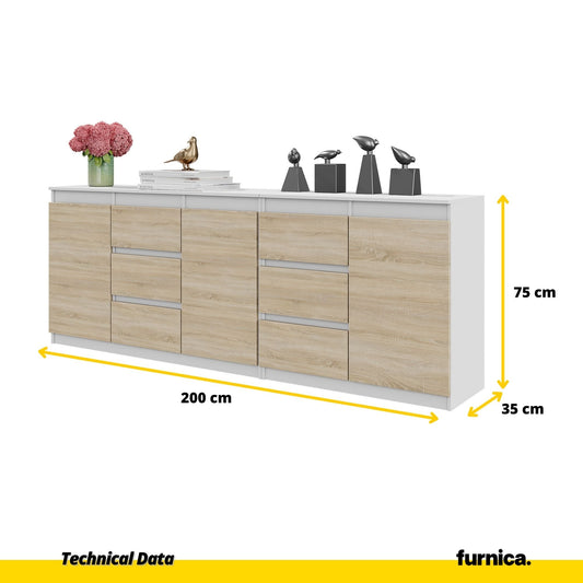 MIKEL - Komoda se 6 šuplíky a 3 dveřmi - Skříň na oblečení do ložnice - Bílý mat / Sonoma dub - Výška 75 cm, šířka 200 cm, hloubka 35 cm.