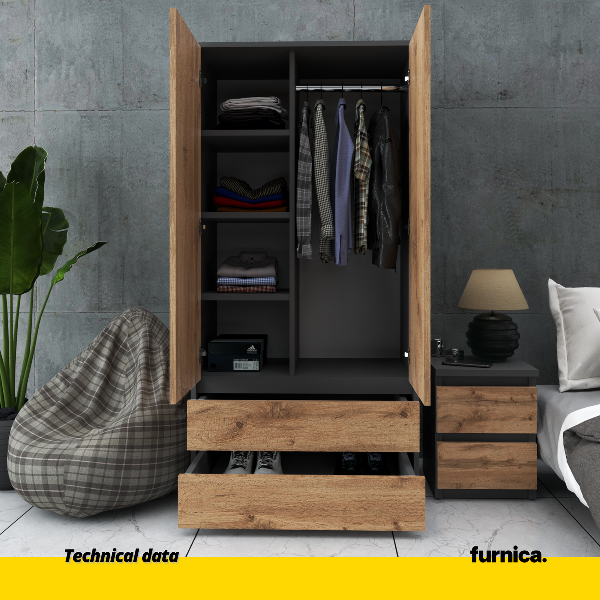 JOELLE - Skříň se 2 dveřmi a 2 zásuvkami - Antracit / Wotan dub H180cm W90cm D50cm (3) – Furnica