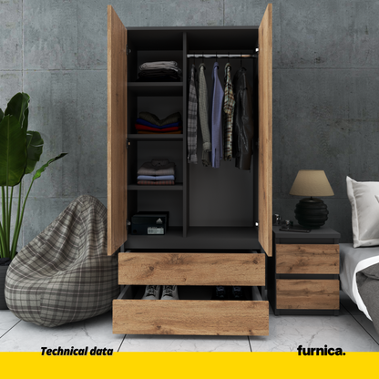 JOELLE - Skříň se 2 dveřmi a 2 zásuvkami - Antracit / Wotan dub H180cm W90cm D50cm (3) – Furnica