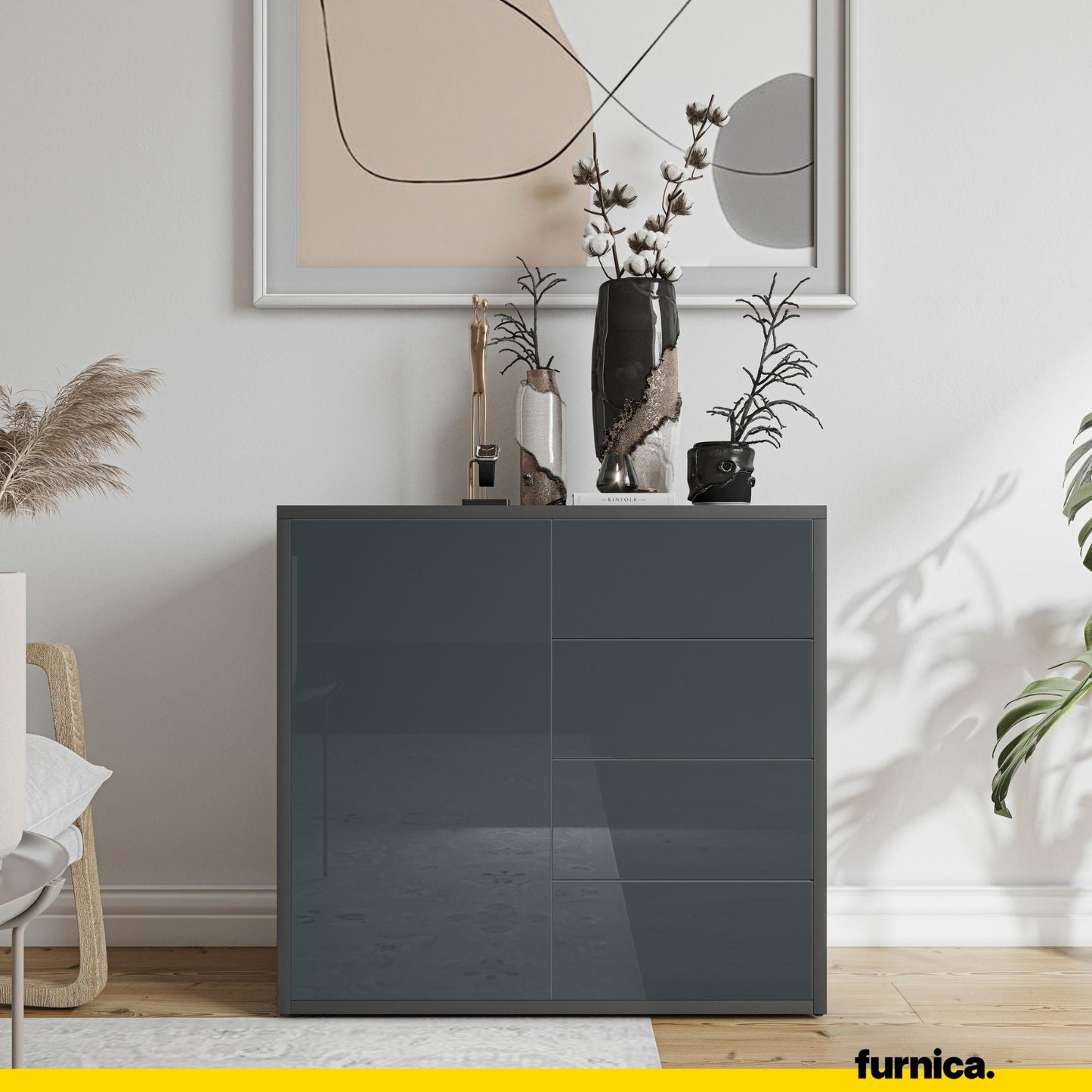 CAMILLE - Skříň s dvířky a 4 zásuvkami s funkcí push to open - antracit / lesklý antracit H74cm W80cm D36cm (3) – Furnica