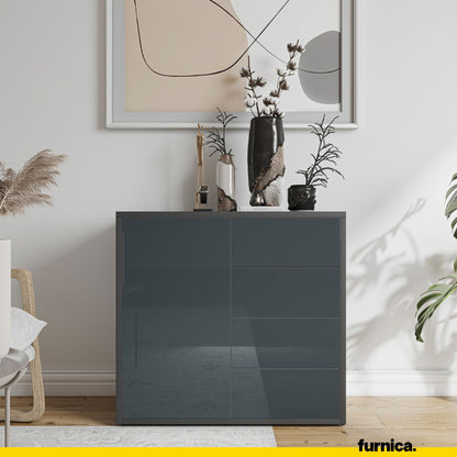 CAMILLE - Skříň s dvířky a 4 zásuvkami s funkcí push to open - antracit / lesklý antracit H74cm W80cm D36cm (3) – Furnica