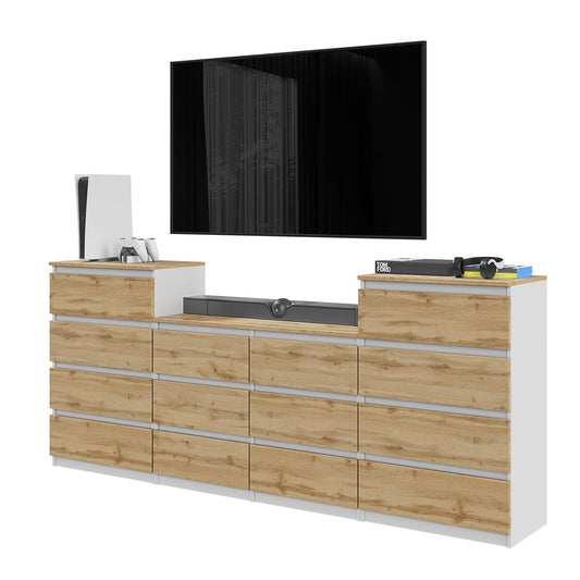 GABRIEL - Komoda se 14 šuplíky (4+6+4) - Skříň na oblečení do ložnice - Bílý mat / Wotan dub H92cm W220cm D33cm